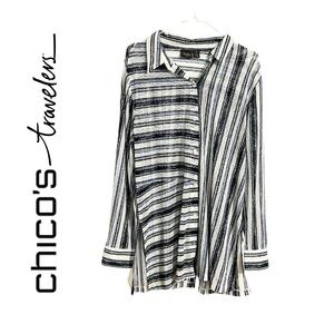CHICOS Travelers Blue White Stripe Long Button Lightweight Blouse Top Sz.3 18/20